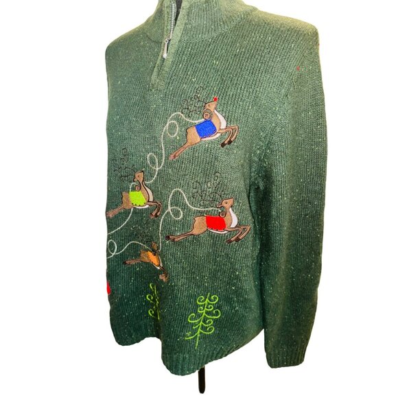 Christopher & Banks Wool Reindeer Zip Christmas Holiday Ugly Sweater XL Green - Picture 10 of 12